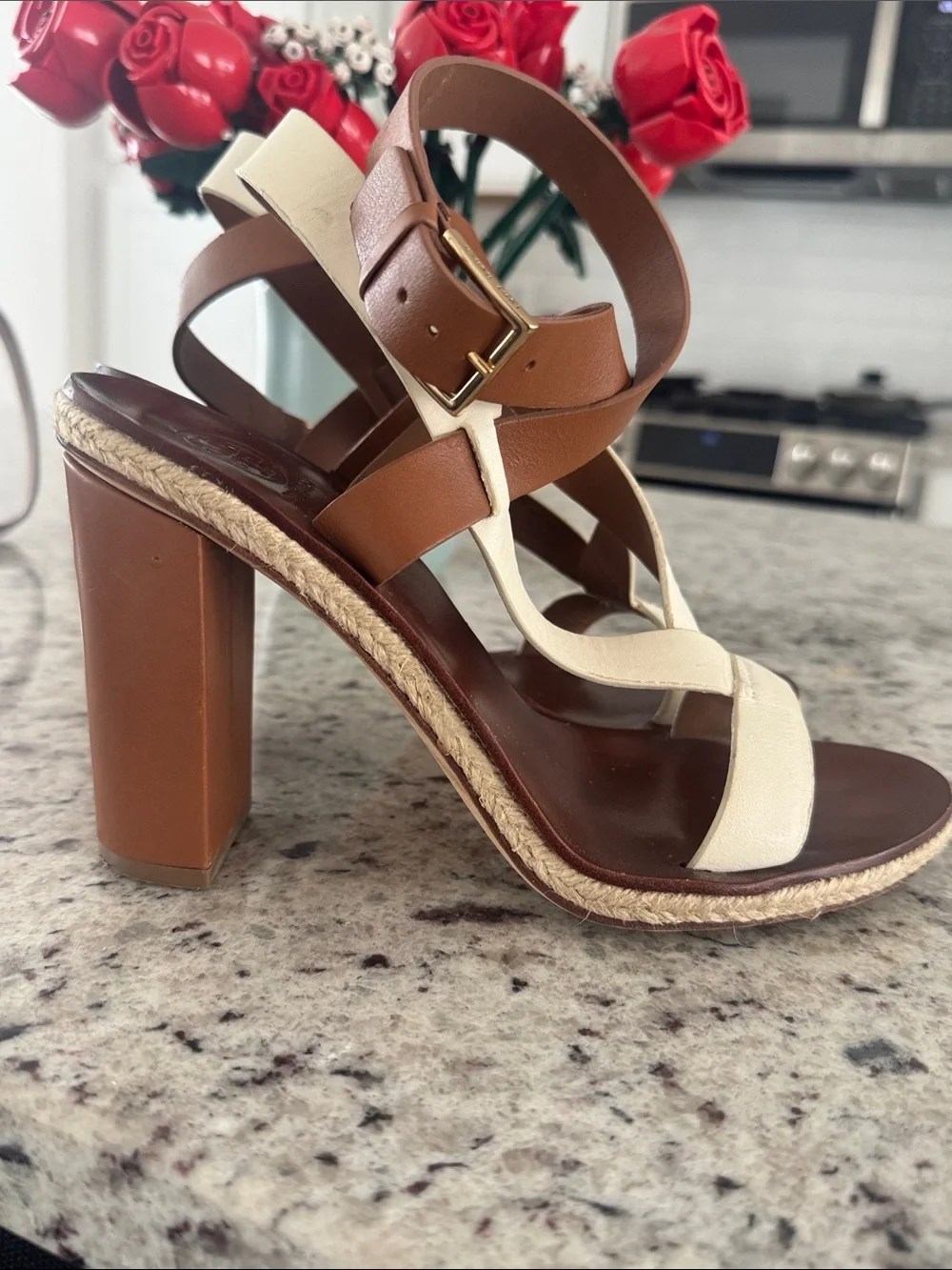 Tory Burch Brown and White Leather Crossover Ankle-Strap Sandals